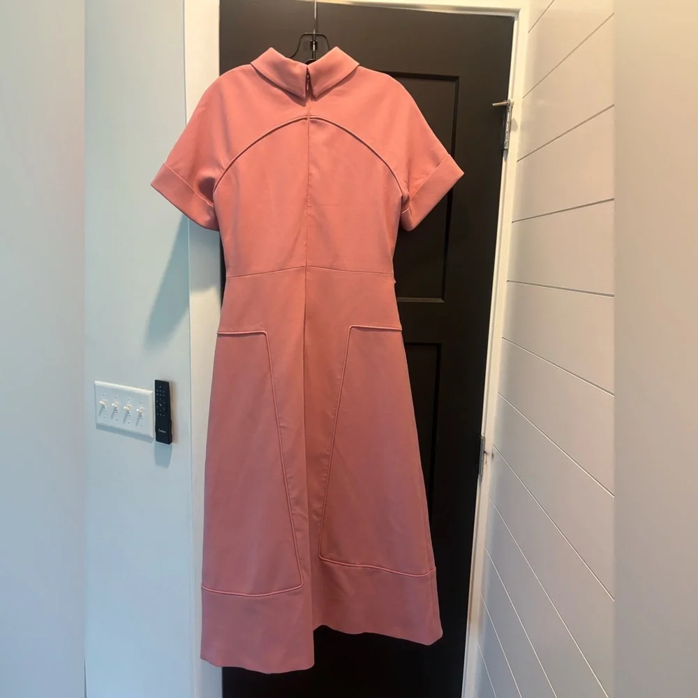 KAREN MILLEN Compact Stretch Tab Detail Full Skirted Midi Dress Dusty Pink NWT - Picture 9 of 15